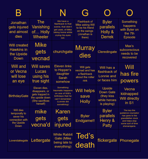 Stranger Things S5 Predictions Bingo Card
