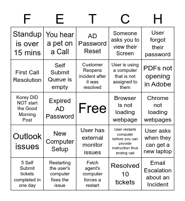 Fetch Service Desk BINGO Card