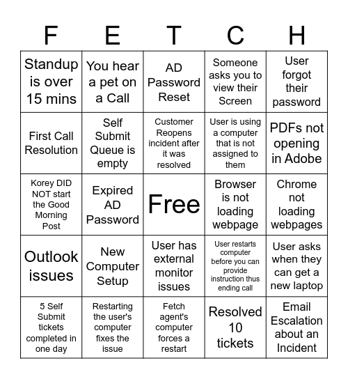 Fetch Service Desk BINGO Card