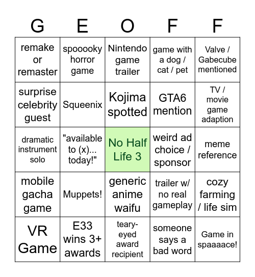 The Game Awards - 2025 Bingo Card