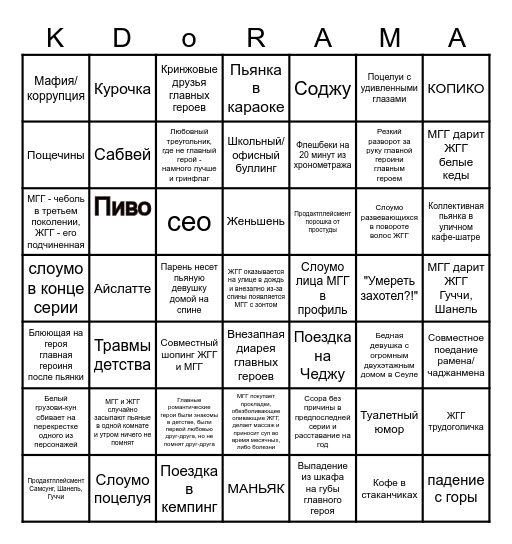 K-Drama клише Bingo Card