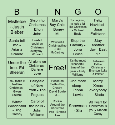 Christmas Music Bingo Card