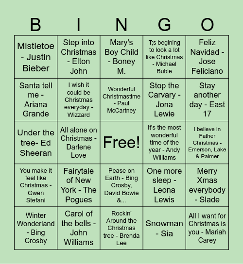 Christmas Music Bingo Card