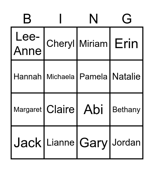 Events Team Bingo Card