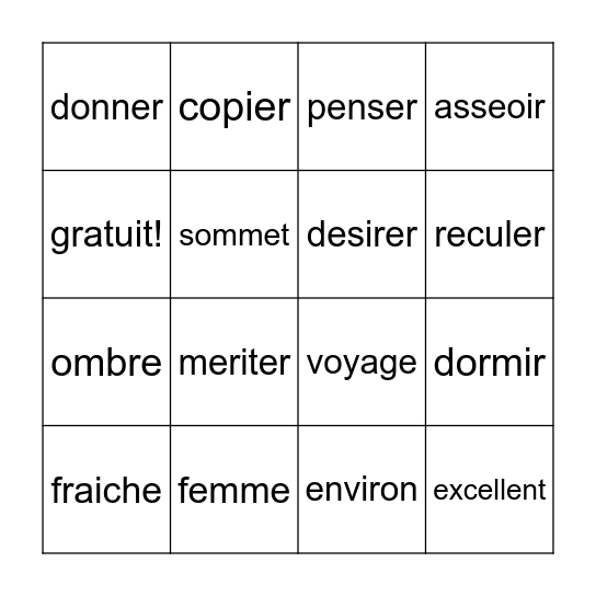 Les mots de la semaine Bingo Card