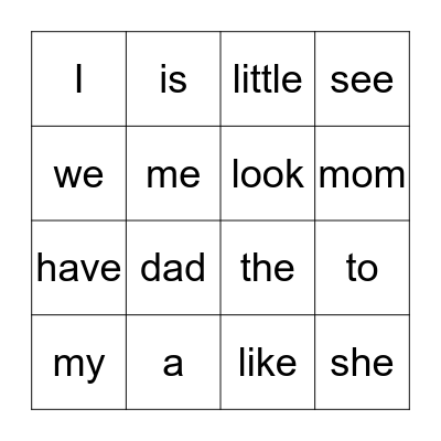Sight Words Bingo Card