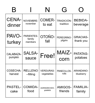 DIA DE ACCIÓN DE GRACIAS Bingo Card