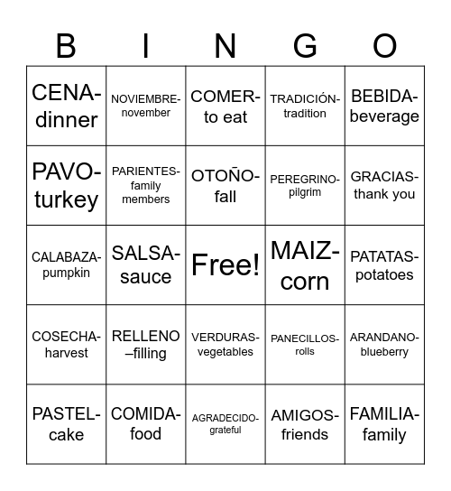 DIA DE ACCIÓN DE GRACIAS Bingo Card