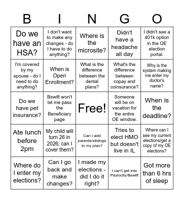Open Enrollment 2026 Bingo Card