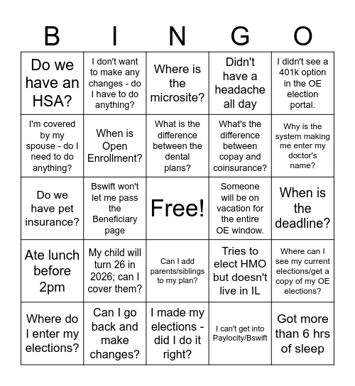 Open Enrollment 2026 Bingo Card