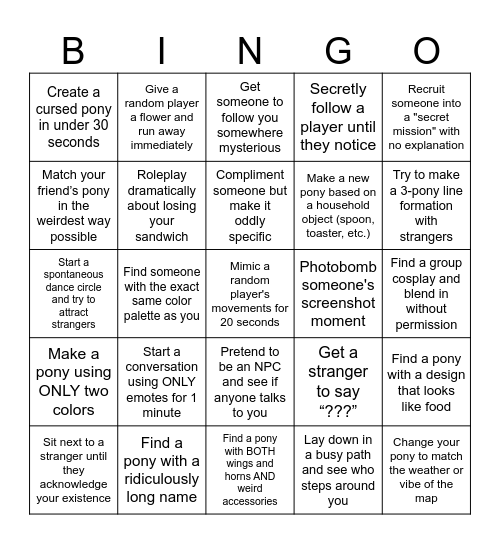 Pony Town Bingo Card
