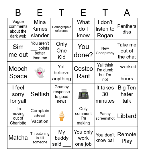 Beteta-isms Bingo Card