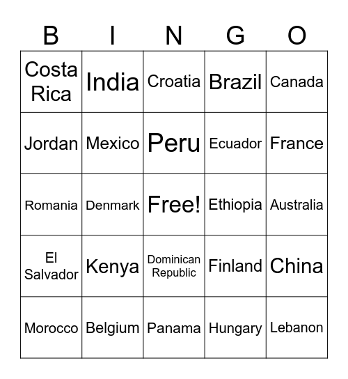 Countries of the World Bingo Card