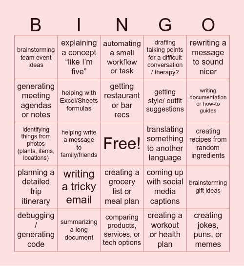 I have used AI for Bingo Card