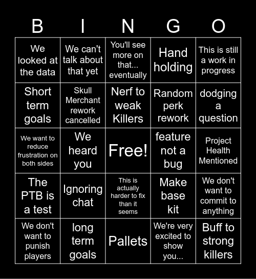 DBD STREAM Bingo Card