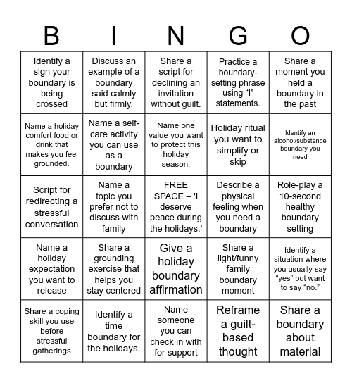 Holiday Boundary Setting Bingo Card