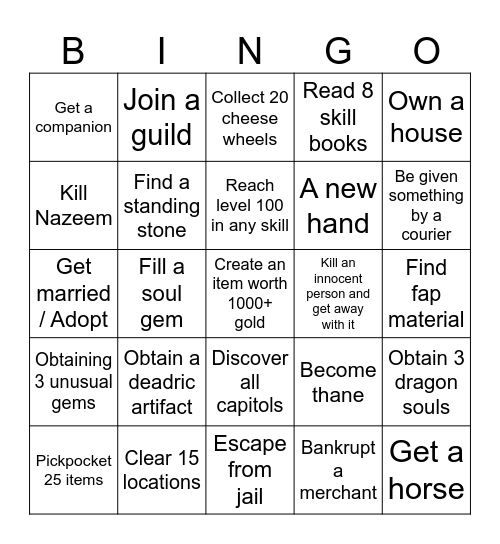 Skyrim Bingo Card
