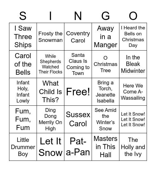 Christmas Carols Bingo Card