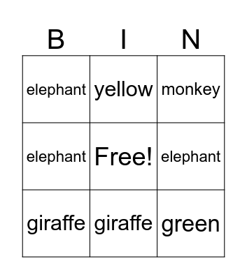 Animal & Color Bingo Card