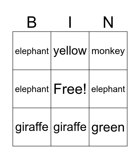 Animal & Color Bingo Card