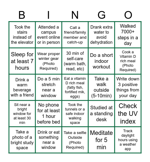 Winter Wellness Bingo Card