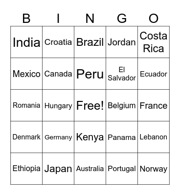 Countries of the World Bingo Card
