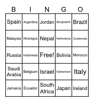 Countries of the World Bingo Card