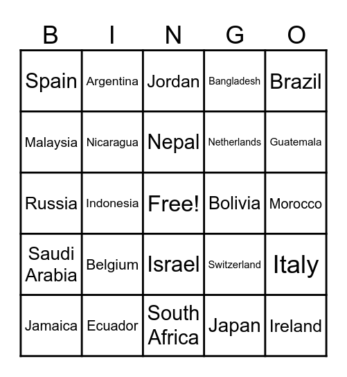 Countries of the World Bingo Card