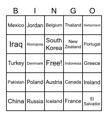 Countries of the World Bingo Card