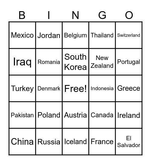 Countries of the World Bingo Card