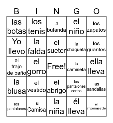 La Ropa Bingo Card