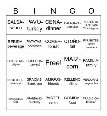 Día de Acción de Gracias Bingo Card