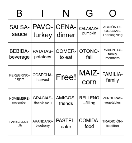 Día de Acción de Gracias Bingo Card