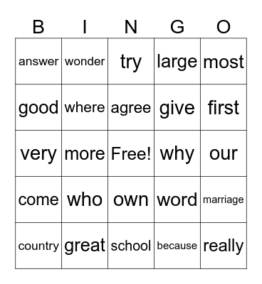 2nd Grade Bingo Card