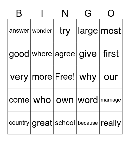 2nd Grade Bingo Card