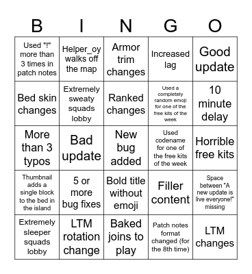 Bedwars Update Bingo Card