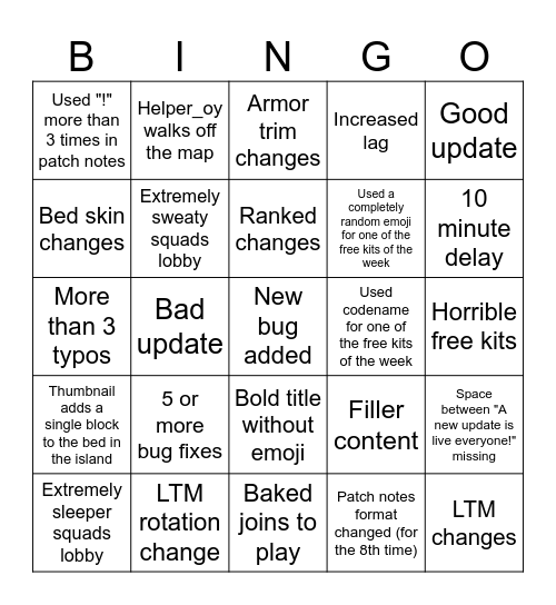 Bedwars Update Bingo Card