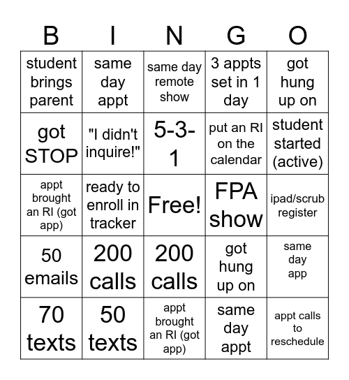 Enrollment BINGO Card