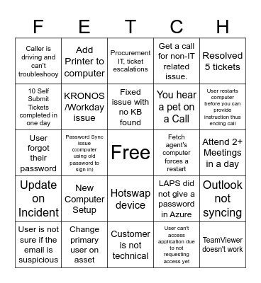 Fetch Service Desk BINGO Card