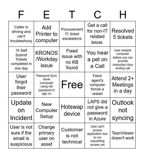 Fetch Service Desk BINGO Card