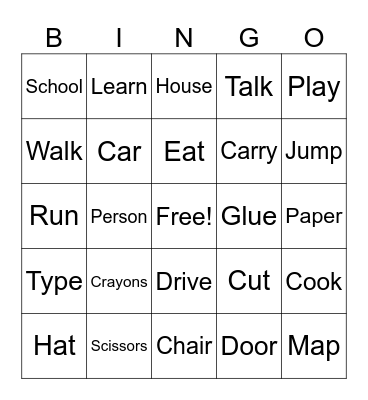 Nouns and Verbs Bingo Card