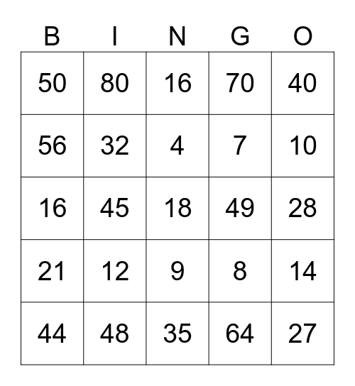 Multiplication Bingo Card