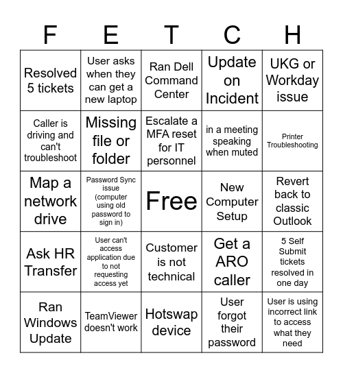 Fetch Service Desk BINGO Card