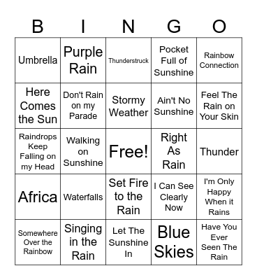 Rainy Day Songs Bingo Card