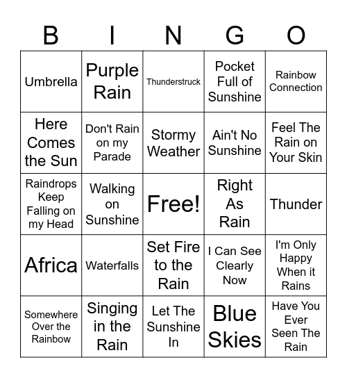 Rainy Day Songs Bingo Card