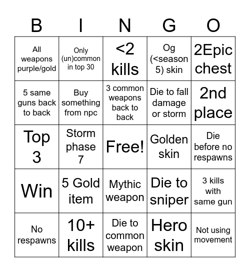 Fortnite reload Bingo Card