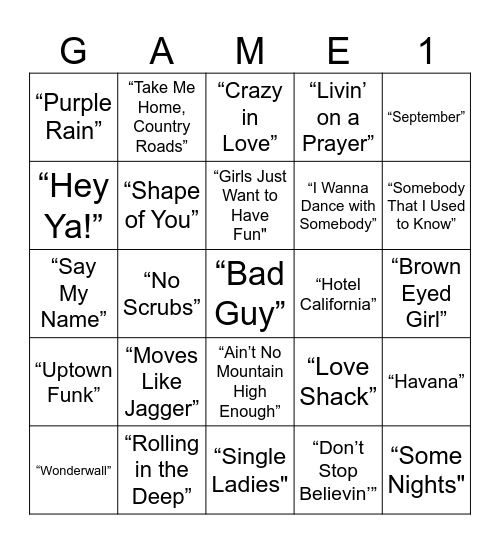 Music Bingo Card