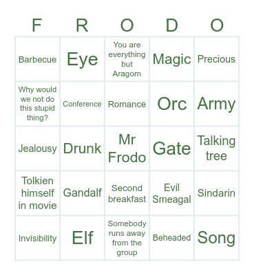 Lord Of The Rings Bingo Card