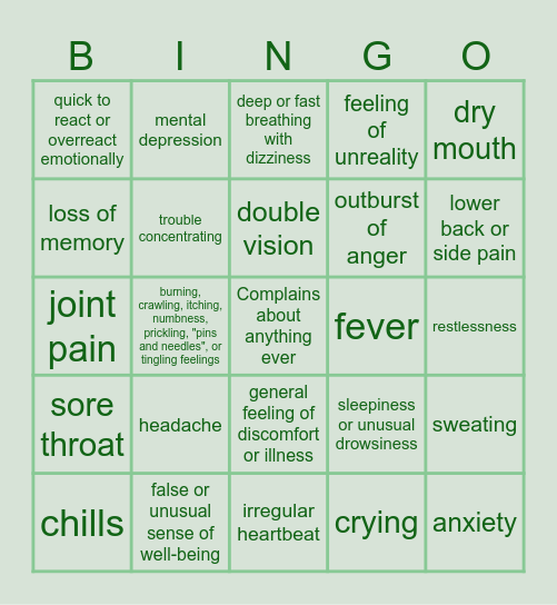 CICADAS KEPPRA SIDE AFFECTS Bingo Card