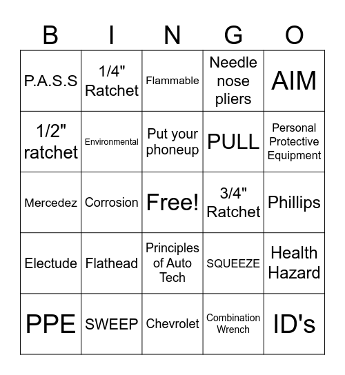 AUTO TECH SAFETY Bingo Card